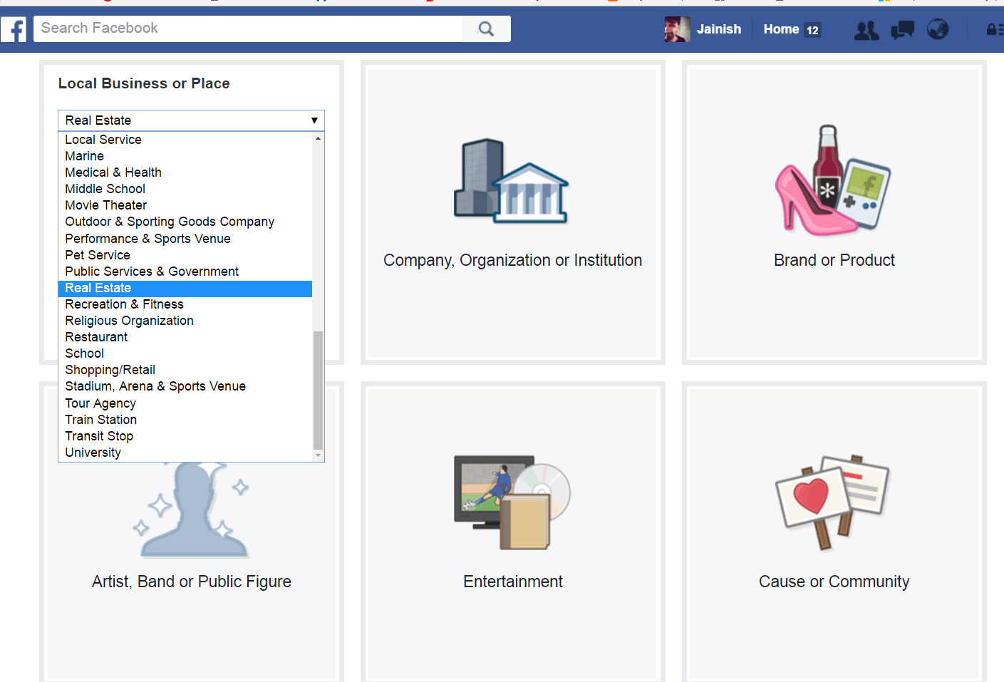 Business page categories