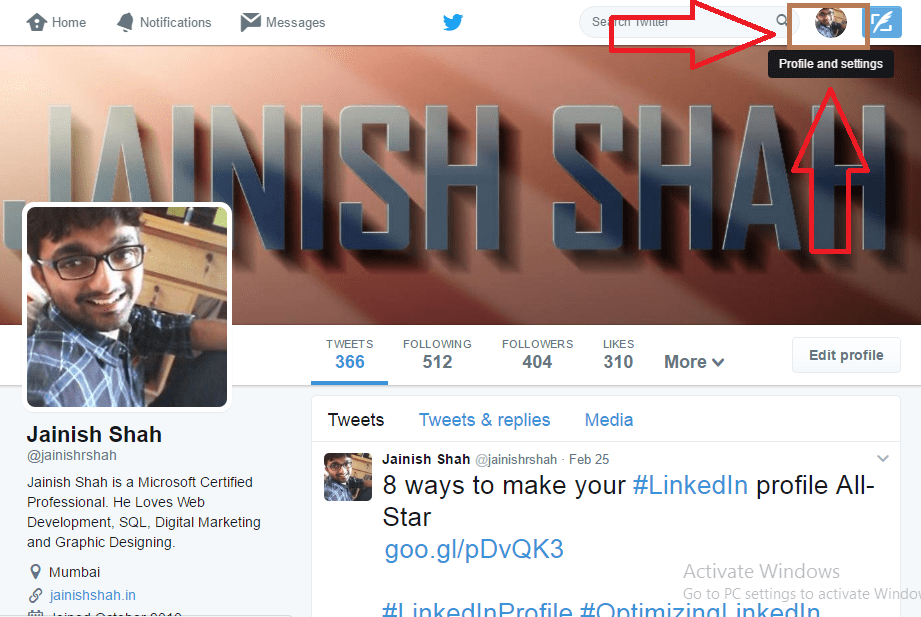 twitter profile and settings