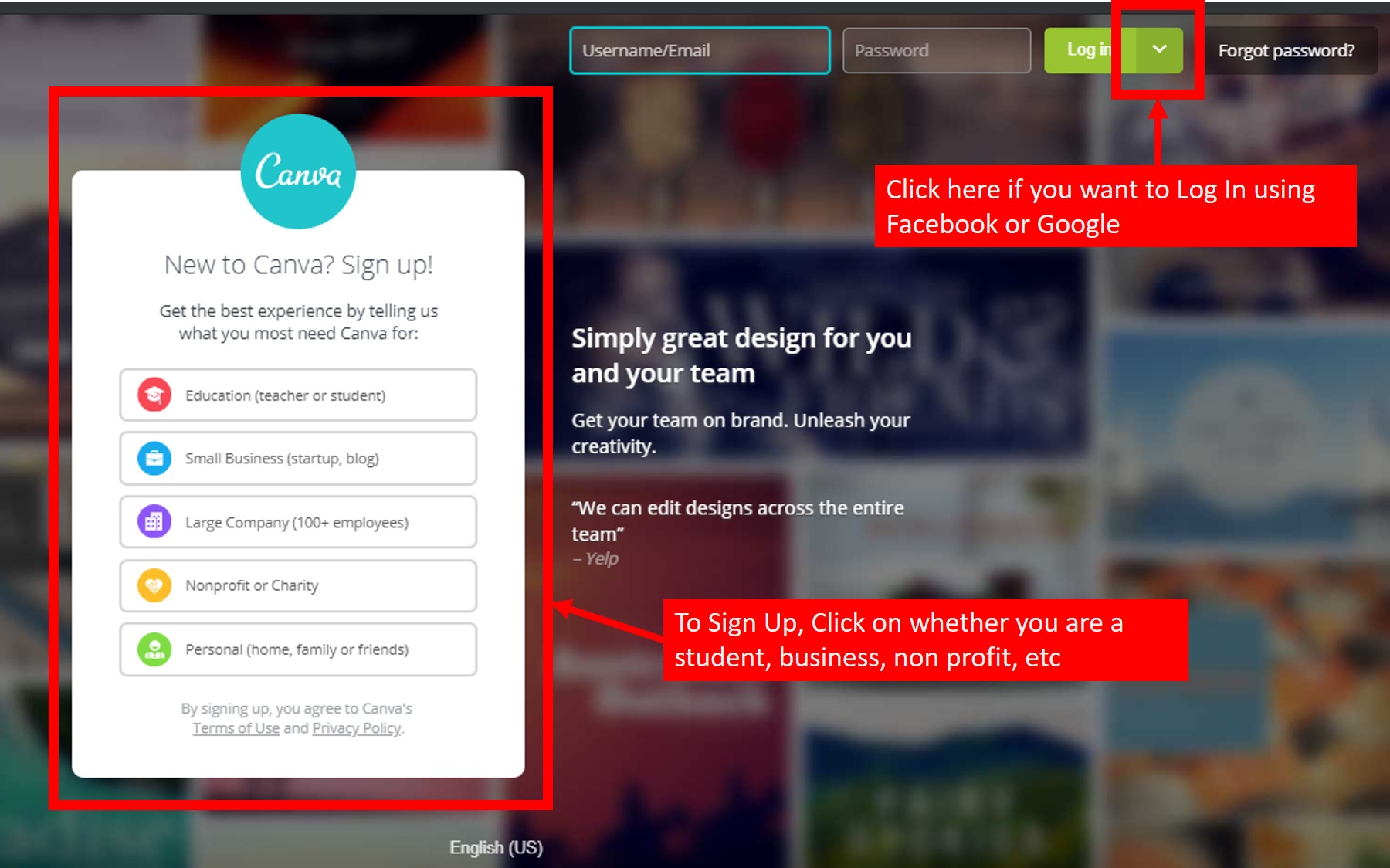 Canva Log In Options