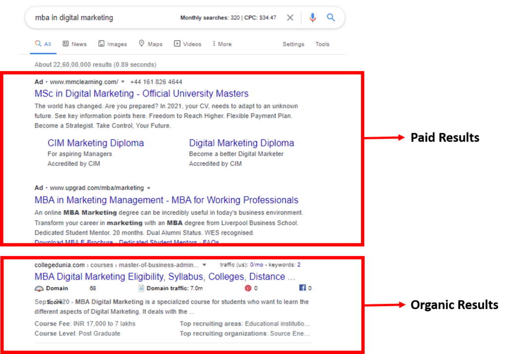 Search engine results page displaying paid and organic search results