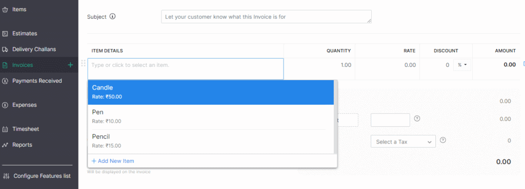 Zoho Invoice - Adding items from dropdown