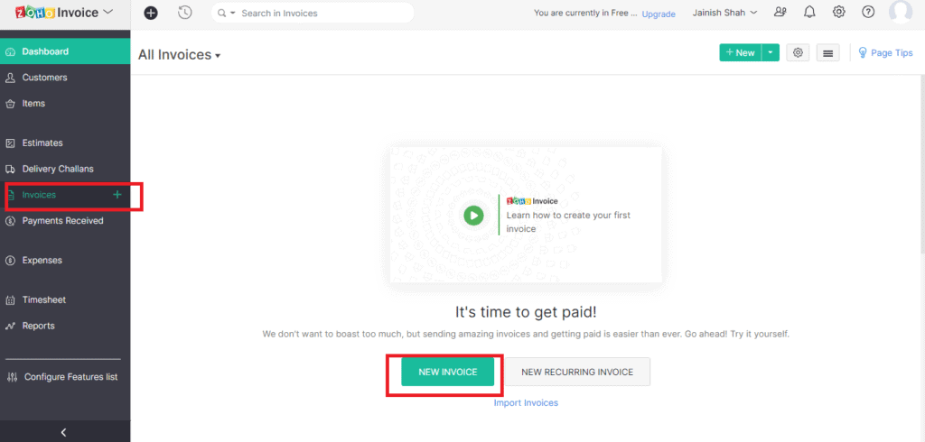 Creating the first invoice using Zoho Invoice