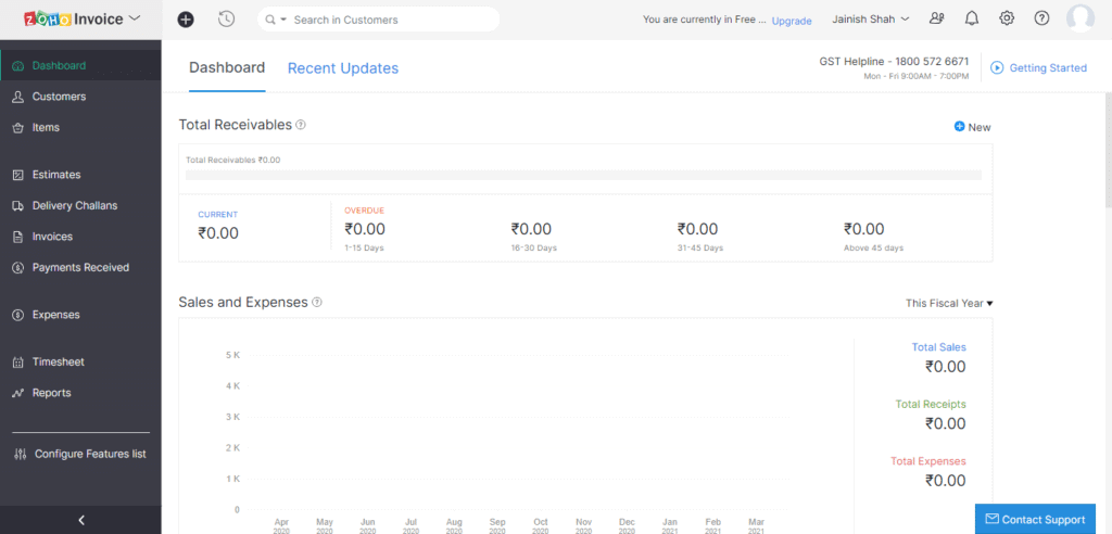 Zoho Invoice - Dashboard