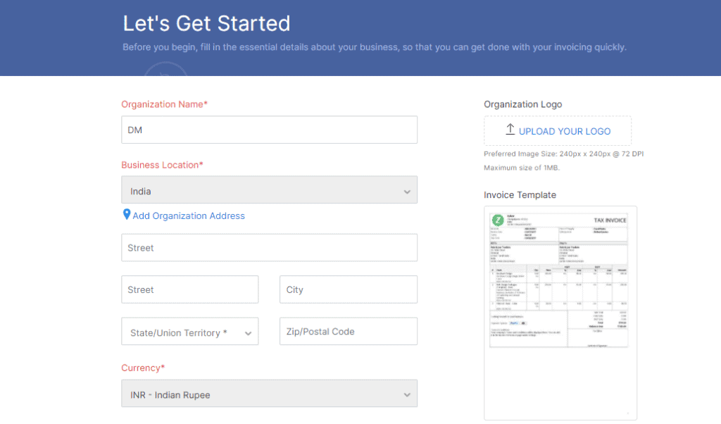 Zoho Invoice - Lets Get Started Page