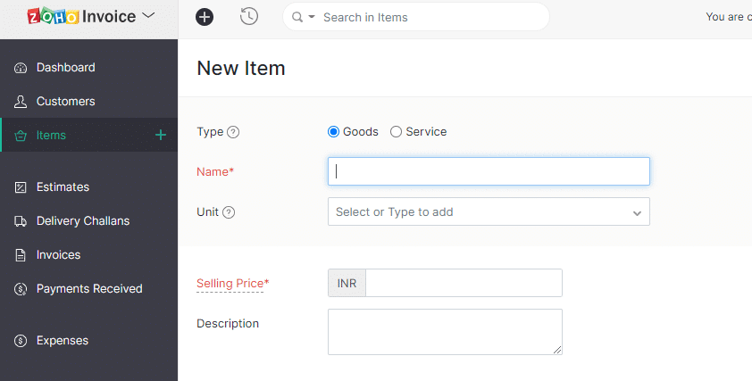 Zoho Invoice - Add New Item