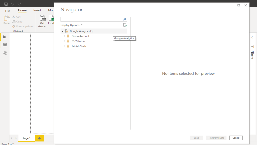 Explore Google Analytics Data in Power BI Navigator
