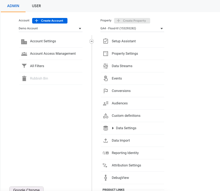 Admin panel in Google Analytics 4